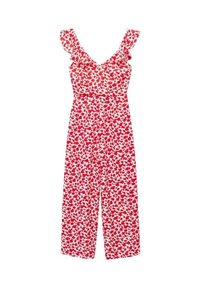 Combinaison blanche sans manches avec imprimé floral rouge, col en V, bretelles à volants, taille cintrée et pantalon large raccourci.