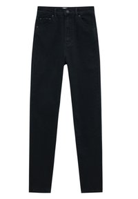 Jean noir avec une coupe slim, design à cinq poches, fermeture à bouton et détails de couture subtils, fabriqué à partir de tissu denim traditionnel.