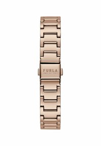 Furla laikrodis su rožinio aukso metaline apyranke, turinčia jungčių dizainą, poliruotą tekstūrą ir sagtį su iškilmia Furla logo.