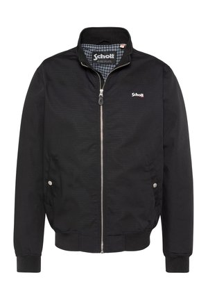 Veste noire à fermeture éclair avec poignets et ourlet côtelés, poches latérales à boutons et logo Schott sur le côté gauche de la poitrine et la doublure intérieure du col.