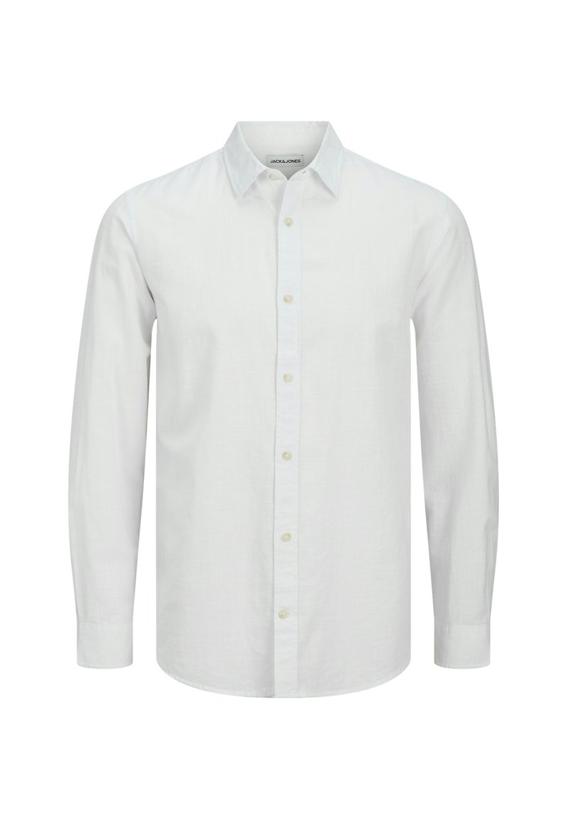 Camisa blanca de manga larga con botones, hecha de una tela ligera, que presenta un cuello clásico y una textura sutil. Botones en un color a juego.