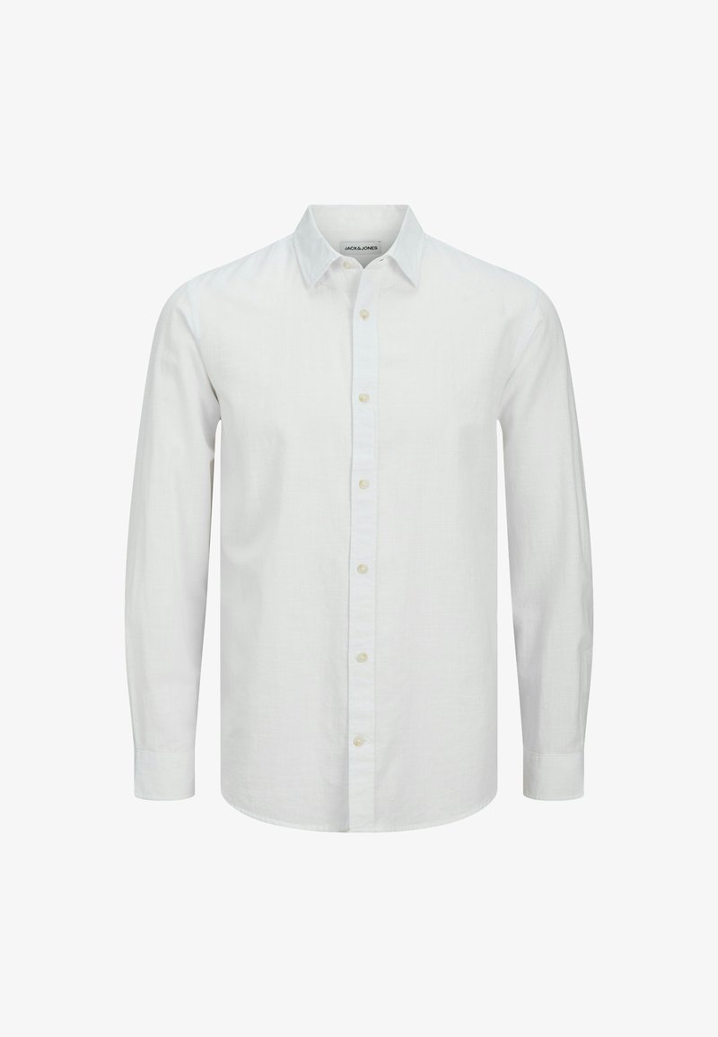 Chemise blanche à manches longues à boutons, fabriquée en tissu léger, dotée d'un col classique et d'une texture subtile. Boutons de couleur assortie.