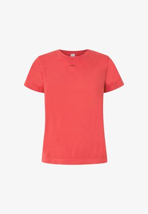 T-shirt rosso corallo realizzato in morbido cotone. Presenta un colletto a girocollo e maniche corte. Il nome del marchio "PINKO" è stampato in modo discreto sul petto.