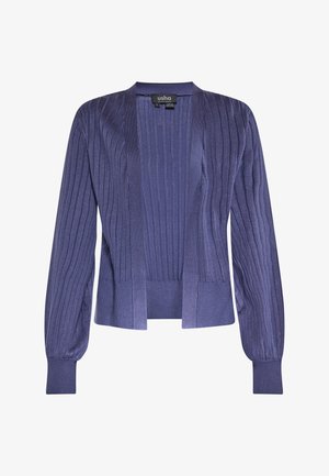Paarse gebreide cardigan met een ribbeltextuur, open voorkant, lange mouwen en subtiele glans. Kenmerkt zich door een ontspannen pasvorm en geen sluitingen.