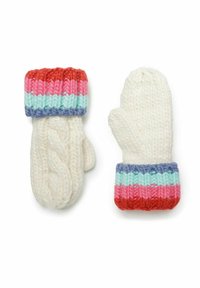 Strickhandschuhe in Creme mit einem strukturierten Zopfmuster. Die Bündchen sind mit Streifen in Rot, Rosa, Hellblau und Dunkelblau versehen.