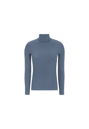 Ilga rankovė turtleneck palaidinė iš minkštos, gumbuotės medžiagos. Šviesiai mėlyna spalva, prigludęs dizainas ir minimalūs siūlai, užtikrinantys sklandžią siluetą.