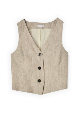 Beige ärmellose Leinenweste mit V-Ausschnitt, drei schwarzen Knöpfen vorne und hellem Innenfutter, flach auf weißem Hintergrund liegend.