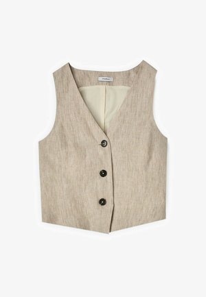 Beige ärmellose Leinenweste mit V-Ausschnitt, drei schwarzen Knöpfen vorne und hellem Innenfutter, flach auf weißem Hintergrund liegend.