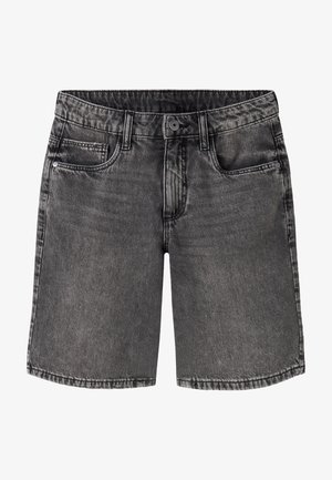 Sorte falmede denimshorts med forreste knap, lynlås, bæltestropper og fem-lommer design.