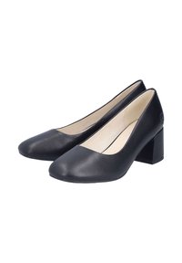 Zapatos de tacón bloque de cuero negro para mujer con punta redonda y forro interior beige, exhibidos uno al lado del otro sobre un fondo blanco.
