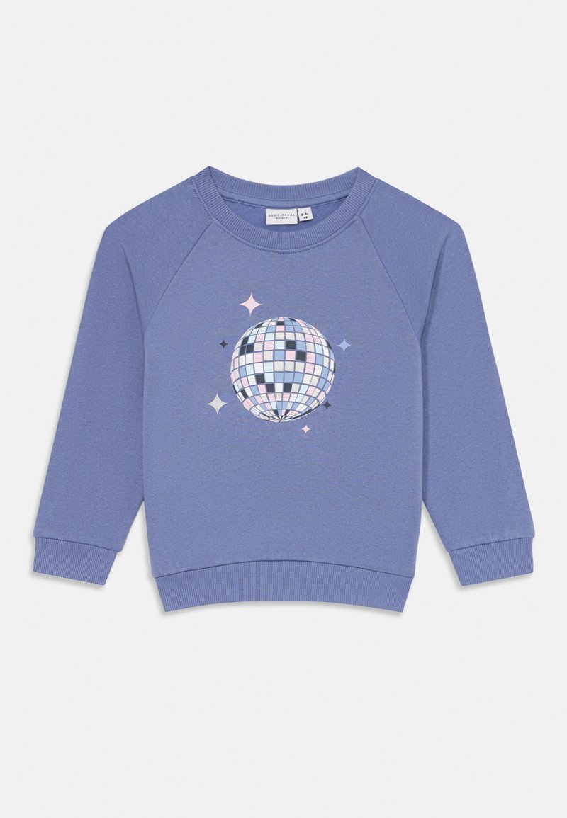 Sweatshirt lilás claro com um gráfico de bola de discoteca circular com quadrados em tons pastéis e brilhos. Feito de um tecido macio e texturizado.