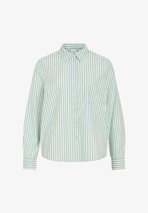 Krekli ar garām piedurknēm un pogām, gaiši zaļā fonā ar plānām vertikālām melnām svītrām, ar krūšu kabatu un apkakli.