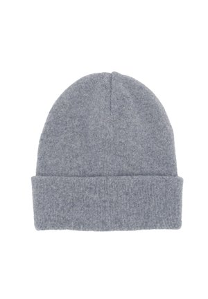 Gray knitted beanie hat with a folded cuff, made of soft fabric, displayed against a white background.