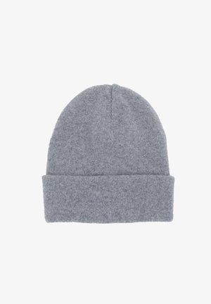 Gray knitted beanie hat with a folded cuff, made of soft fabric, displayed against a white background.