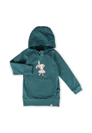 Felpa con cappuccio per bambini color turchese con una coniglietta rosa che indossa un tutu stampato sul davanti, maniche lunghe e cappuccio attaccato.