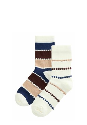 Chaussettes multicolores avec des rayures bleu marine, marron, beige et crème, ornées de pois texturés sur l'ensemble du design. Matière douce en tricot.