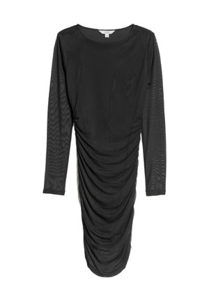 Schwarzes langärmliges Kleid aus glattem Stoff mit gerafftem Design und transparenten Ärmeln, mit einem runden Ausschnitt und figurbetontem Schnitt.