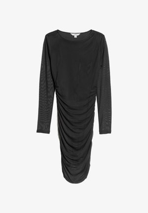 Černé dlouhé šaty s dlouhými rukávy vyrobené z hladké tkaniny s řaseným designem a průsvitnými rukávy, s kulatým výstřihem a přiléhavým střihem.