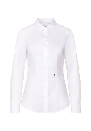 Witte blouse met lange mouwen en knopen, voorzien van een kleine zwarte rozenbroderie bij de onderste knopenlijst, met een puntige kraag en een nauwsluitende pasvorm.