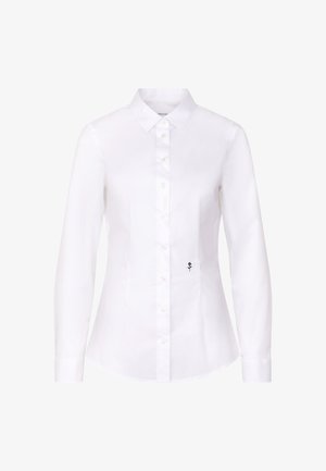 Witte blouse met lange mouwen en knopen, voorzien van een kleine zwarte rozenbroderie bij de onderste knopenlijst, met een puntige kraag en een nauwsluitende pasvorm.