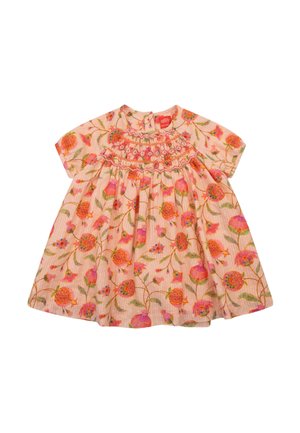 Bloemenjurk in pastelroze met korte mouwen en een geplooide taille. Geëmbroïdeerde bloemen en bladeren in levendige kleuren over het geheel.