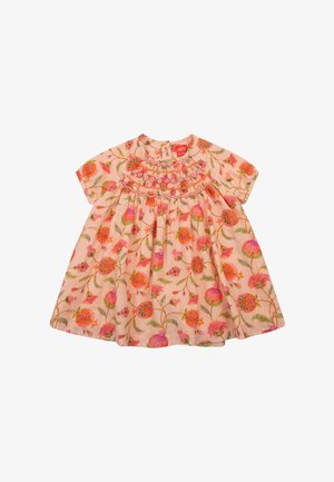 Bloemenjurk in pastelroze met korte mouwen en een geplooide taille. Geëmbroïdeerde bloemen en bladeren in levendige kleuren over het geheel.