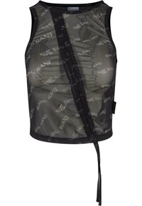 Svart mesh singlet med gjentatt "KARL KANI" tekstmønster, gjennomsiktig design og sidesløyfedetalj. Kantene er avsluttet med en solid kant.