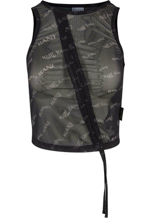 Črna mrežasta majica brez rokavov z ponavljajočim se vzorcem besedila "KARL KANI", prozoren dizajn in podrobnostjo s stranskim vozlom. Robovi so zaključeni z enobarvnim obrobjem.