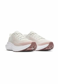 Sport shoes in white with pink accents. Mesh upper with textured stripes, rounded toe, and thick white sole with light pink outsole.