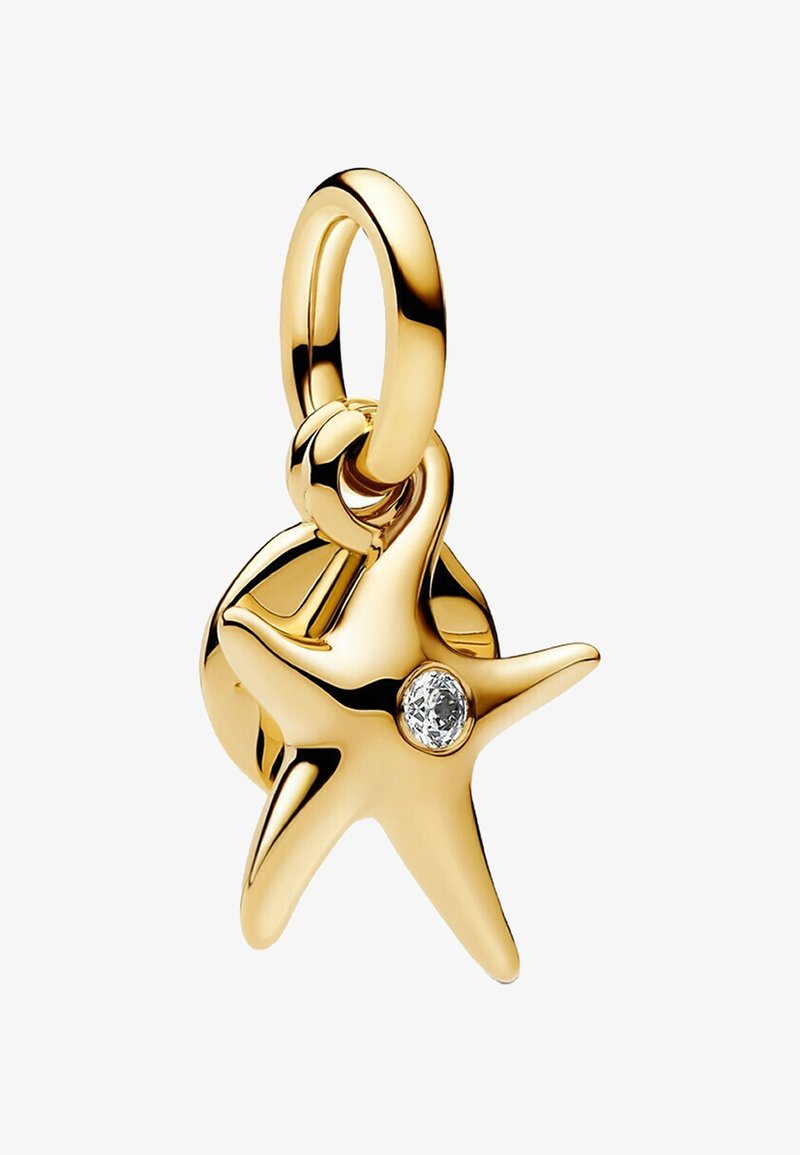 Pendentif étoile de mer en or avec une seule pierre précieuse ronde et transparente, finition brillante et forme lisse et tridimensionnelle.