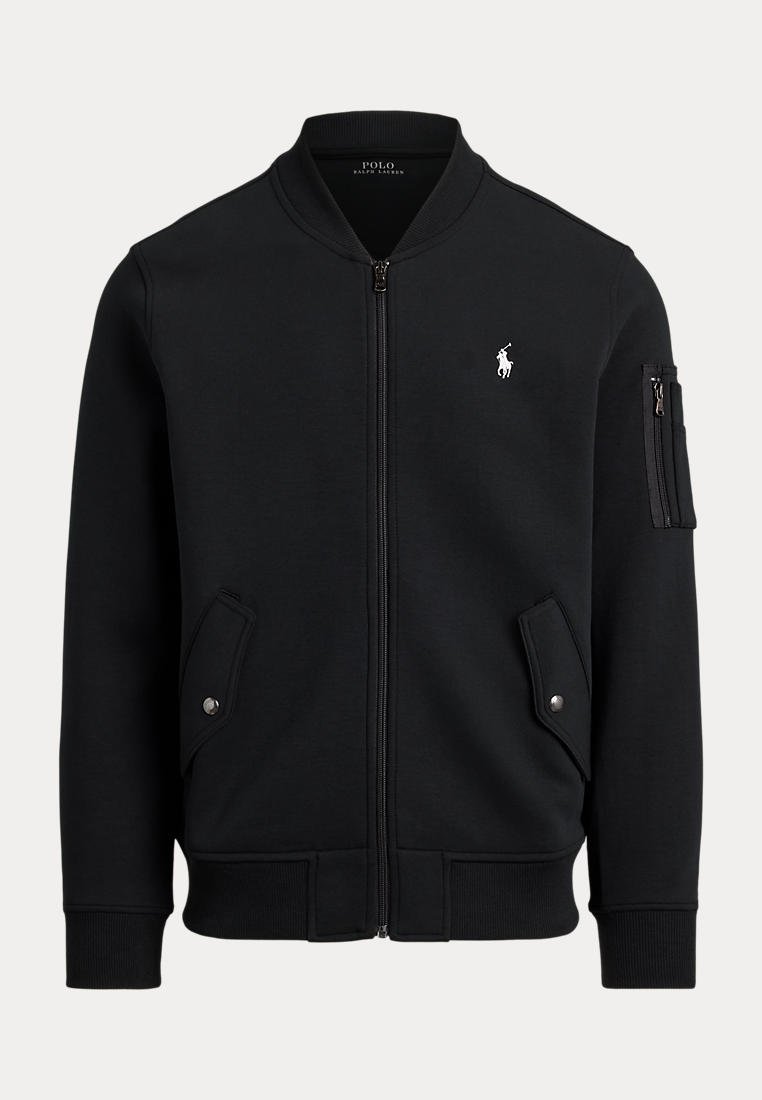 Черно яке бомбър с цип от Polo Ralph Lauren, с рипсена яка и маншети, два джоба с копчета тик-так и джоб с цип на ръкава.