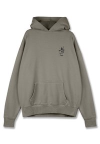 Olivengrønn hettegenser med frontlomme, ribbet nederkant og mansjetter, med et lite grafisk design på venstre bryst. Mykt materiale, avslappet passform.