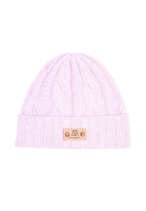 Light pink knitted beanie, scarf, and fingerless gloves with cable pattern; warm texture; branded tag on scarf; worn by a model.