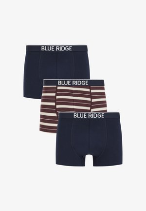 Trois paires de boxers pour hommes Blue Ridge, deux bleu marine uni et un marron avec des rayures horizontales blanches.