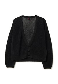 Cárdigan de punto negro con un profundo escote en V, mangas largas y cuatro botones en la parte delantera. Presenta un patrón texturizado y puños y dobladillo acanalados.