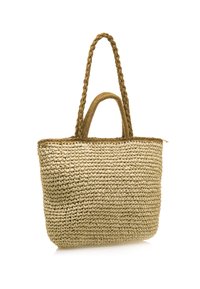 Borsa a tracolla in paglia intrecciata di un beige chiaro con manici intrecciati e una forma strutturata, caratterizzata da una superficie testurizzata e un'apertura superiore.