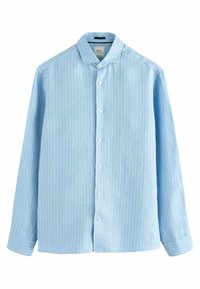 Hellblaues Hemd mit Knöpfen und vertikalen weißen Streifen, langen Ärmeln und weichem Stoff. Verfügt über einen klassischen Kragen und eine normale Passform.