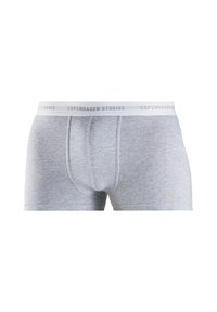 Gray cotton boxer briefs with a snug fit, featuring a white elastic waistband and printed "COPENHAGEN STUDIOS" text. Smooth texture.