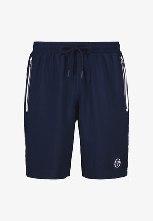 Marineblauwe zwemshorts met een elastische tailleband en een verstelbaar trekkoord. Bevat twee witte ritszakken en een logo op het linkerpand.