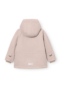 Giacca puffer rosa chiaro con cappuccio, dotata di dettagli in metallo dorato, polsini elastici e una vestibilità comoda. Leggera, con una texture liscia.