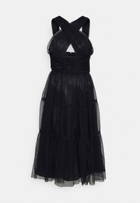 Vestido preto com corpete justo, alças cruzadas e saia em camadas de tule. Apresenta um costas em forma de chave e um acabamento em tecido texturizado.