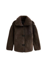 Ciemnobrązowy, pluszowy płaszcz zapinany na guziki z szerokim kołnierzem i długimi rękawami, pokazany na białym tle.