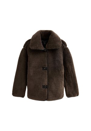 Dunkelbrauner, flauschiger Knopfverschlussmantel mit breitem Kragen und langen Ärmeln, vor einem weißen Hintergrund präsentiert.