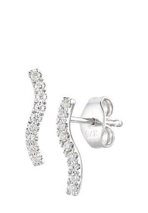 Hõbedast kõrvarõngad lainelise disainiga, mille ühe külje ääres on selged, säravad kivid. Kõrvarõngaste tagused on kinnitatud, et tagada kindel kandmine.