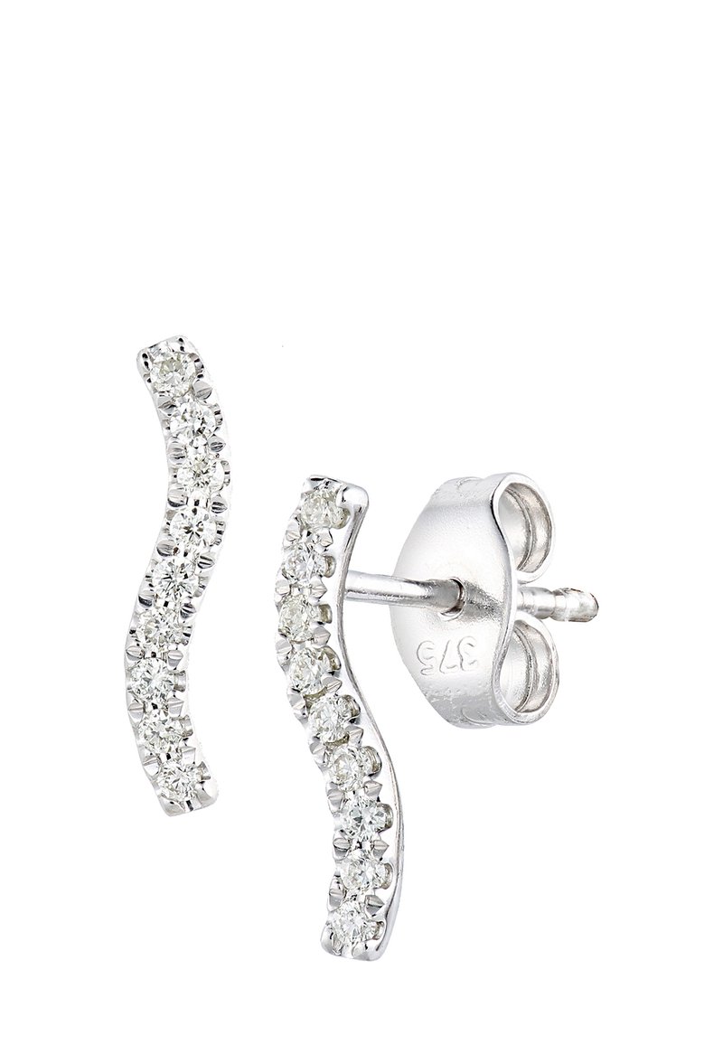 Sudraba auskari ar viļņveida dizainu, izrotāti ar caurspīdīgām, mirdzošām akmeņiem vienā pusē. Auskaru aizmugurējās daļas ir piestiprinātas drošai nēsāšanai.