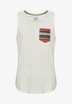 Weißes ärmelloses Tanktop mit einer strukturierten, mehrfarbigen gemusterten Tasche. Weicher Stoff mit rundem Ausschnitt, geschwungenem Saum und einem Logo-Tag am Boden.