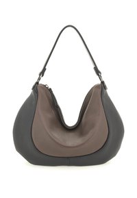 Borsa a tracolla in pelle bicolore marrone e nera con una sola tracolla e chiusura con zip, esposta su uno sfondo bianco.
