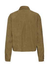 Olijfgroen corduroy shirtjasje met een kraag, lange mouwen en knoopsluitingen bij de manchetten; heeft een rugpand en een iets verkorte snit.