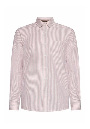 Camicia a maniche lunghe con bottoni, con righe verticali rosa e bianche e taschino sul petto, mostrata su sfondo bianco.