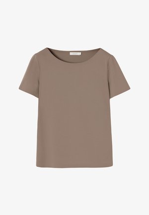 Majica s kratkim rukavima u prigušenoj boji taupe, izrađena od glatkog materijala s okruglim izrezom i opuštenim krojem. Bez uzoraka ili ukrasa.
